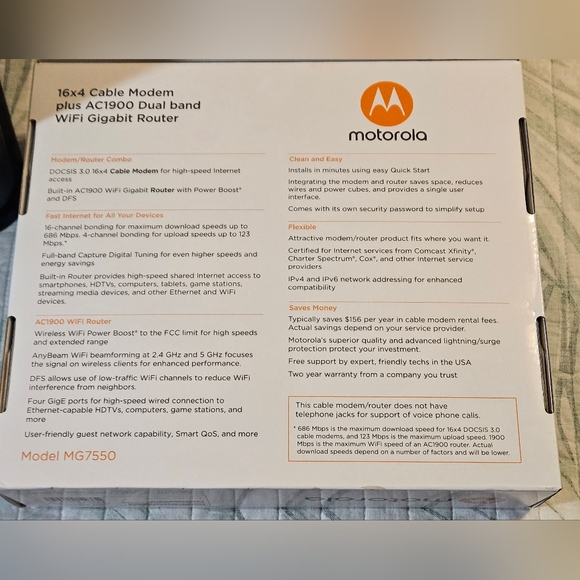 Motorola 16x4 cable modem plus ac1900 router model MG7550 - Picture 4 of 5